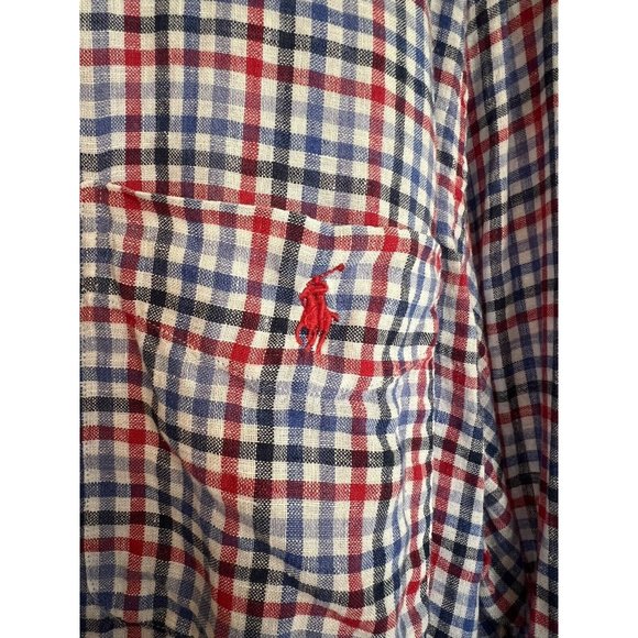Men’s Polo Ralph Lauren Red White Blue 100% Linen Button Down Shirt Size XL - Picture 5 of 13